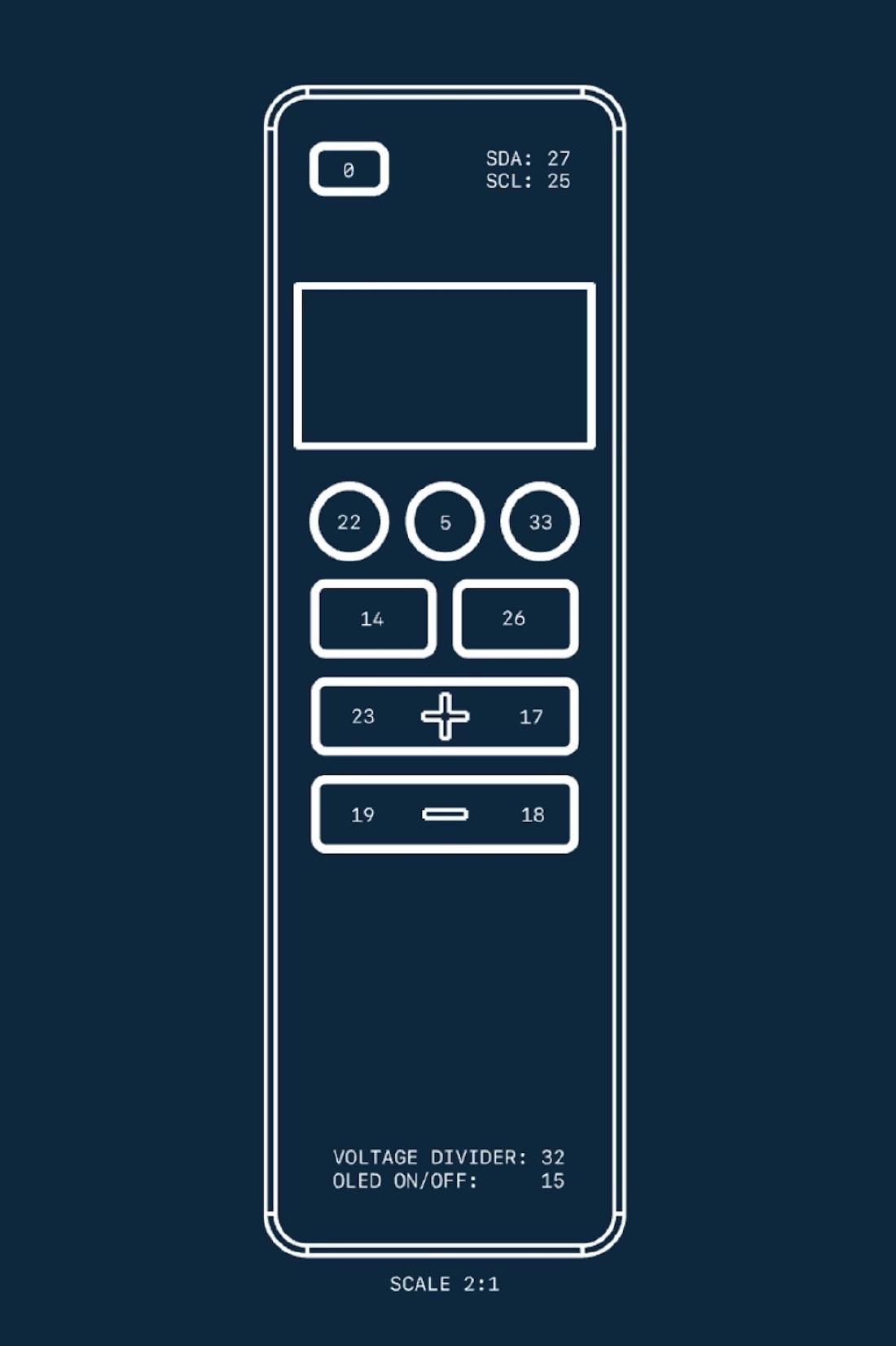 Annotated PCB GPIO pinout reference for Smart OLED Remote